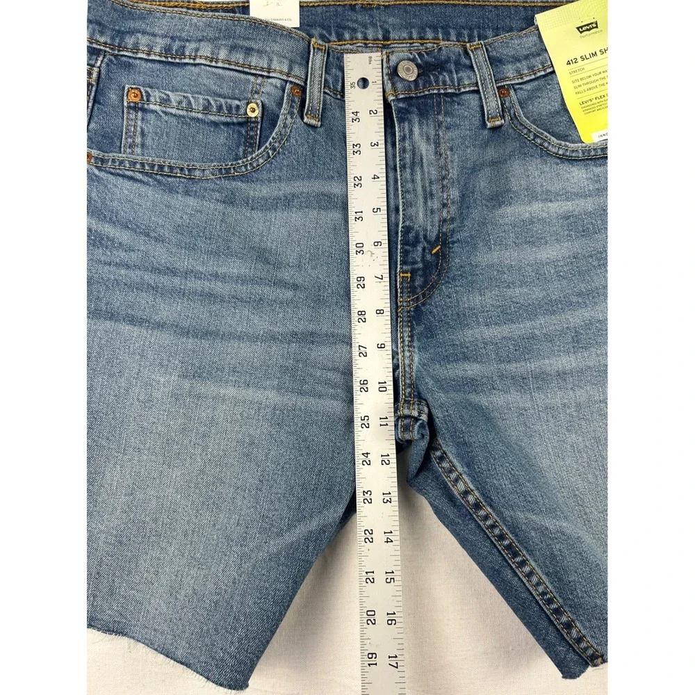 Levis 412 Slim Shorts Mens 34 Blue Denim Flex Stretch Cut Off Raw Hem 39387-0016